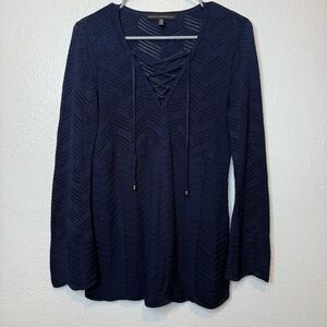 White House Black Market Navy Lace Up Mix Knit Bell Sleeve Sweater Size XS